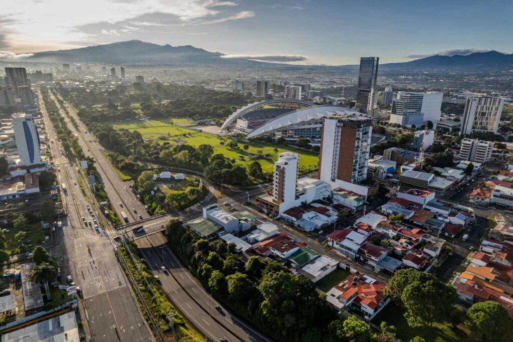 Beautiful aerial view of San Jose Downtown City, and the Sabana metropolitan Park In Costa Rica