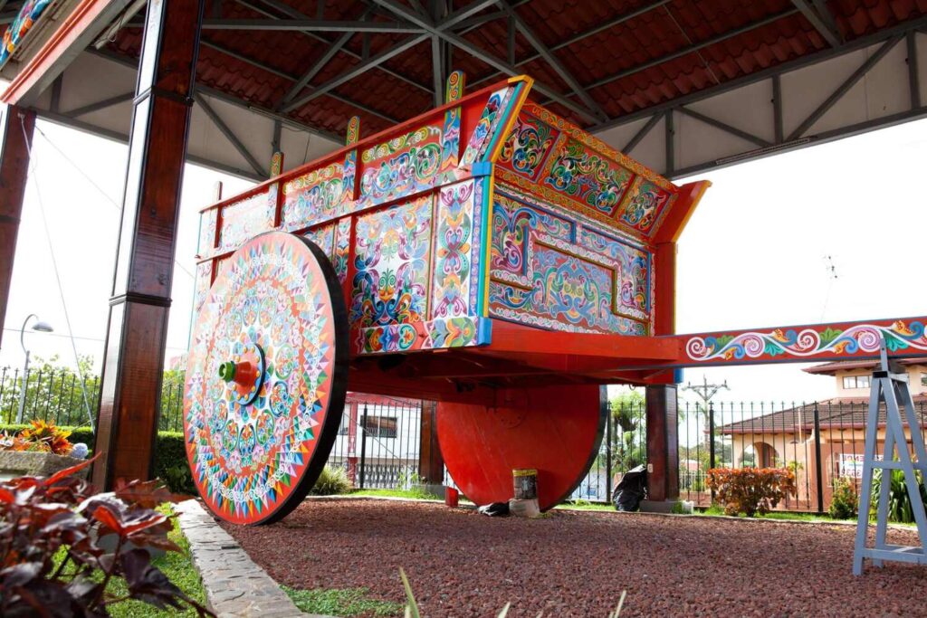 Colorful traditional Costa Rican ox cart on display