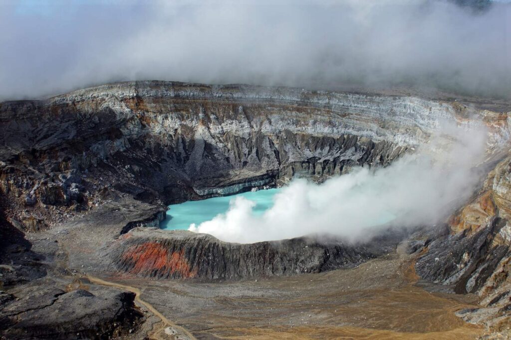 Steaming crater of Poás Volcano in Costa Rica