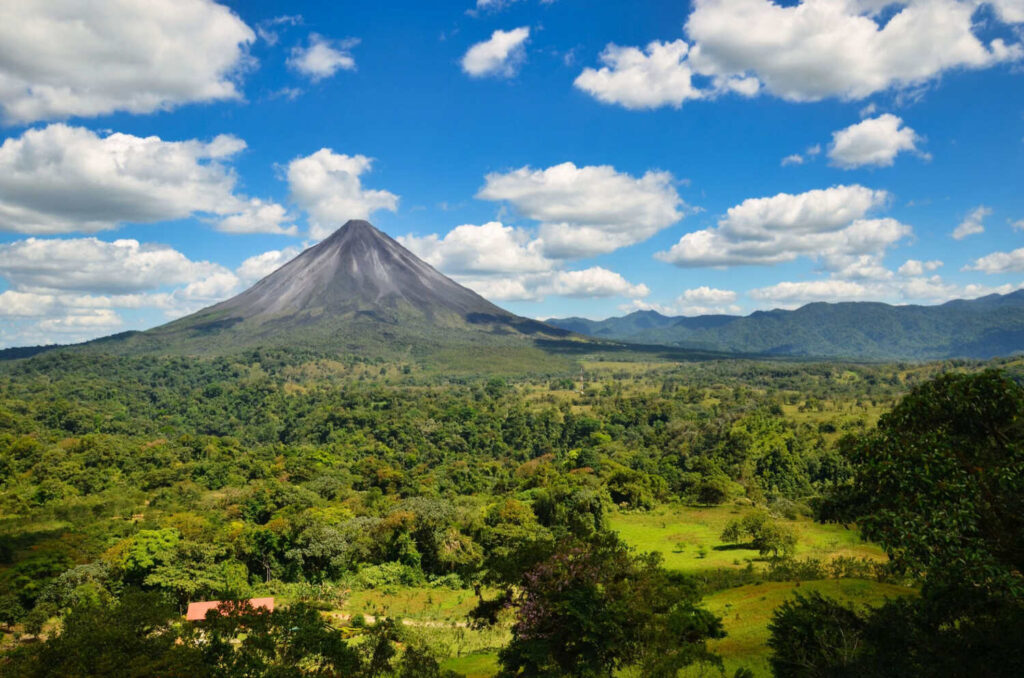 View of the Arenal Volcano on a sunny day in La Fortuna